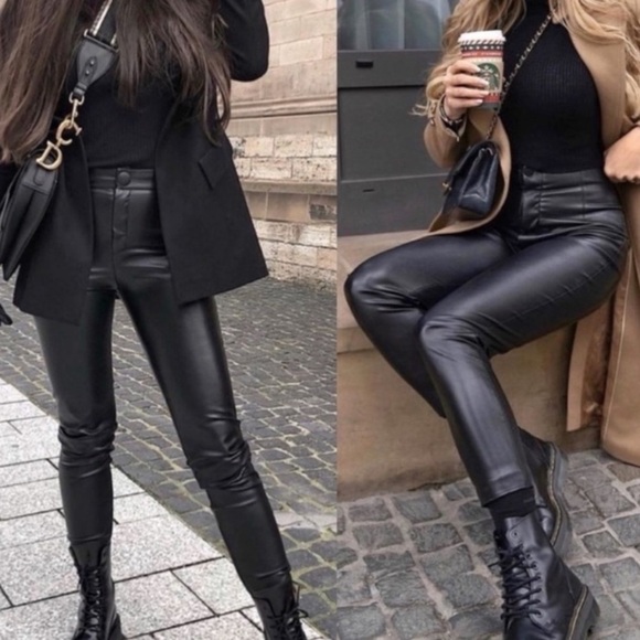 ZARA Faux Leather Ankle Zip Black High Rise Leggings - Picture 1 of 10